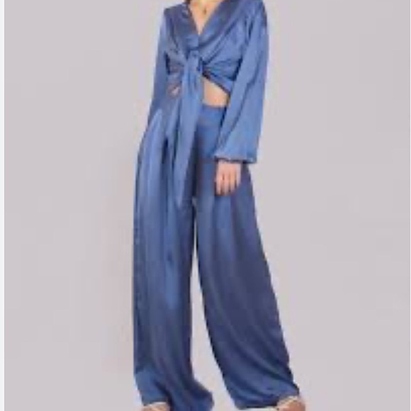 Vintage Judy Knapp Slate Blue Satin Pants Set Sheer Self Tie Halter Top Rayon LG - Picture 2 of 14